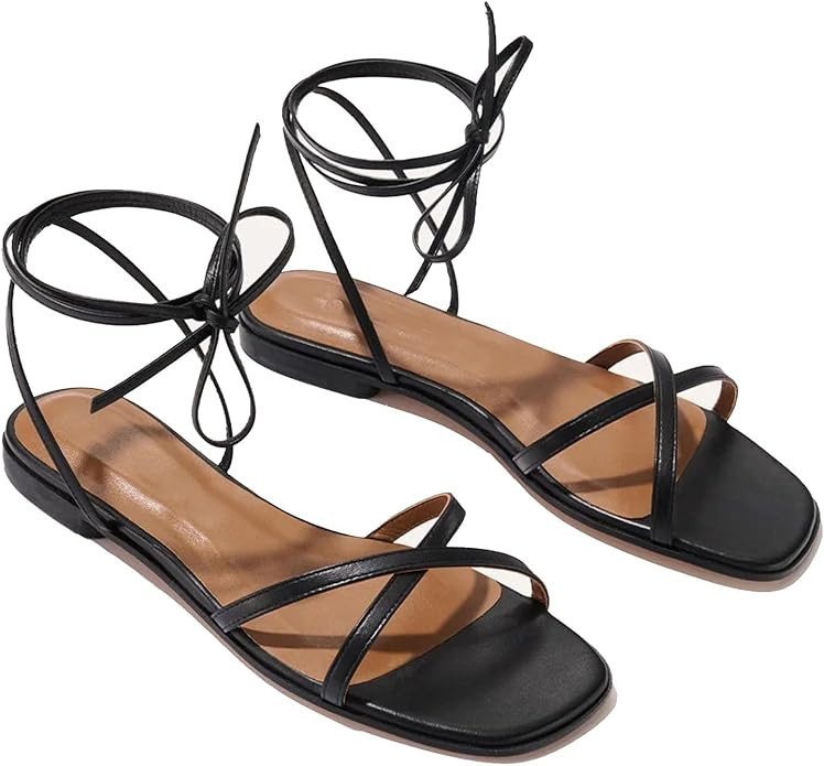 Strappy Flats Sandals for Women Summer Gladiator Lace Up Flat Sandals Open Square Toe Casual Beac... | Amazon (US)