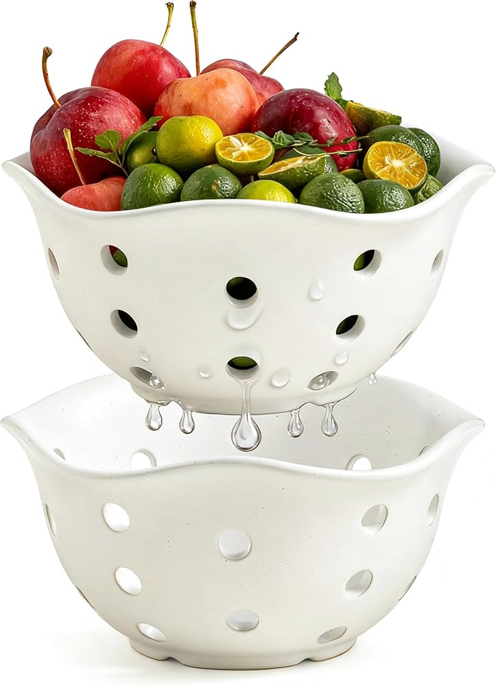 Gomakren Fruit Basket Set of 2, Ceramic Fruit Bowl Berry Basket with Holes, 7.6 Inch Fruit Contai... | Amazon (US)