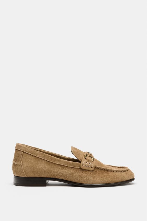 Zara - Suede Loafers With Metal Appliqué - Beige - Au 6½ - Eu 37 - Woman | Zara AU
