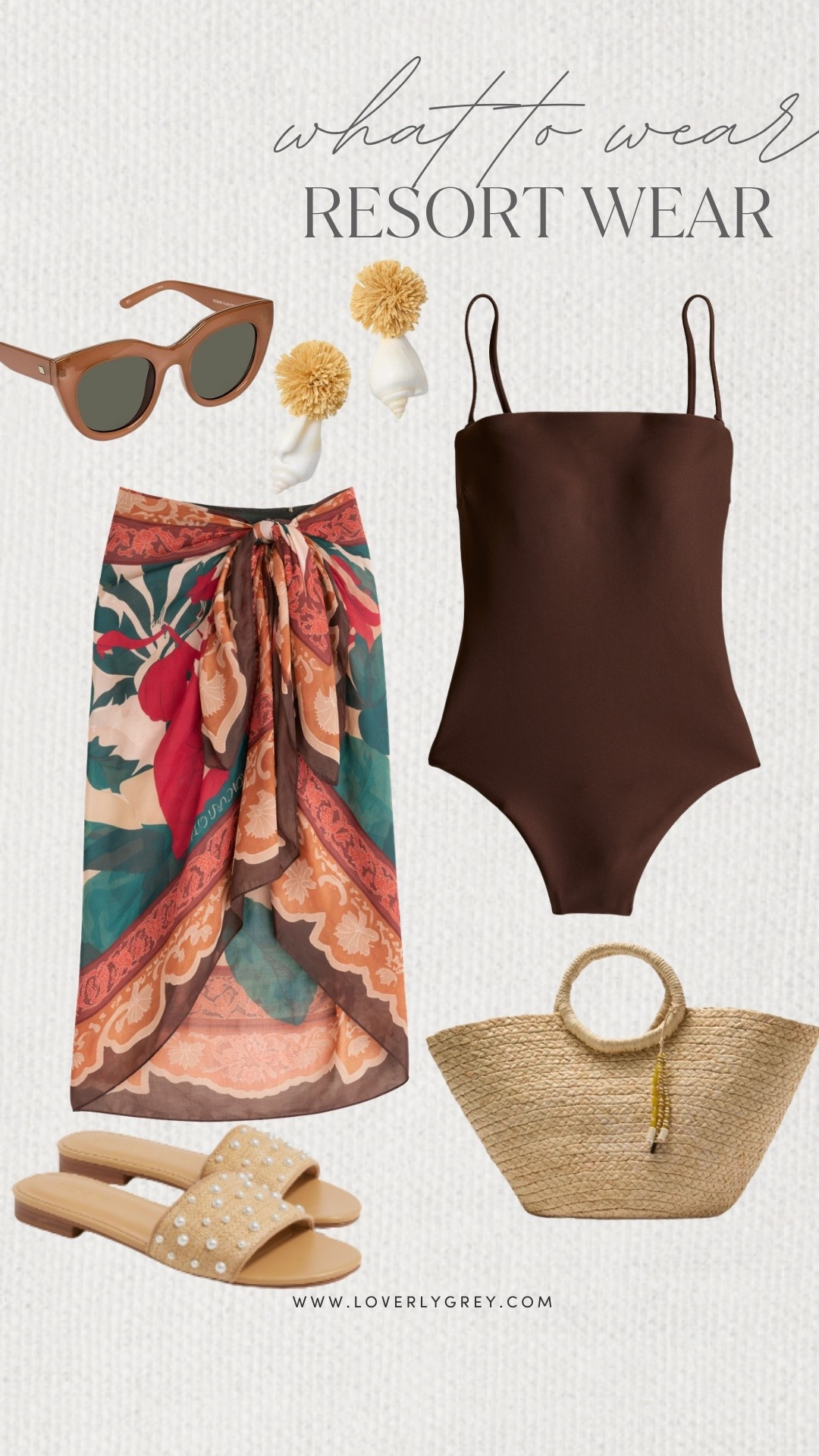 Loverly Grey, what to wear to a resort! This one piece brown bathing suit is so flattering especially with the patterned cover up! Style the look with sea shell earrings, a woven tote bag, and a pair of shades! Loverly Grey, what to wear, resort wear

#LTKootd #LTKgrwm #LTKdayinmylife