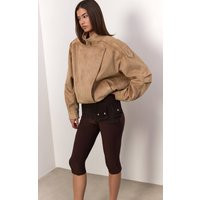 Funnel Neck Low Belt Soft Suede Biker Jacket | PrettyLittleThing UK