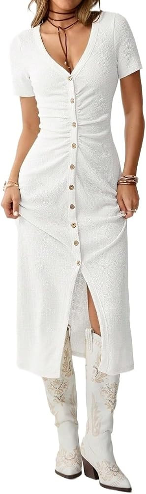 Womens Casual Long Dress Casual V Neck Short Sleeve Dress | Amazon (US)