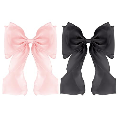 Large Hair Bow Clips for Women,Black Pink Bow Hair Barrettes with Long Tail French Hair Ribbon Clips Hair Accessories for Girls (Black,Light Pink) | Amazon (US)