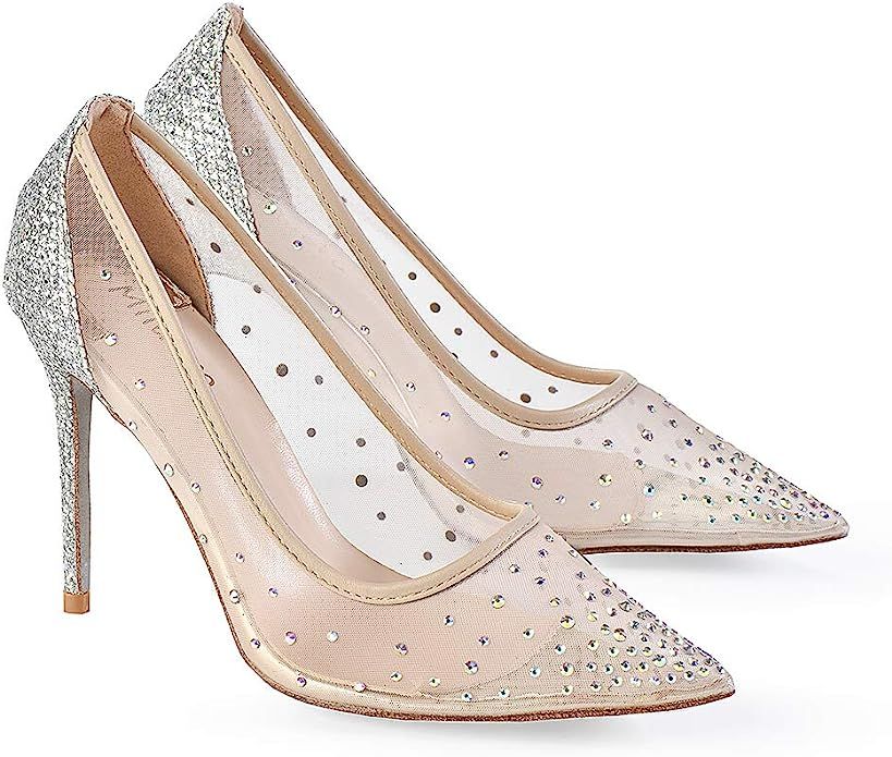 Miluoro Rhinestone Pointed Toe Silver High Heels Women Pumps Transparent Party Wedding Shoes | Amazon (US)