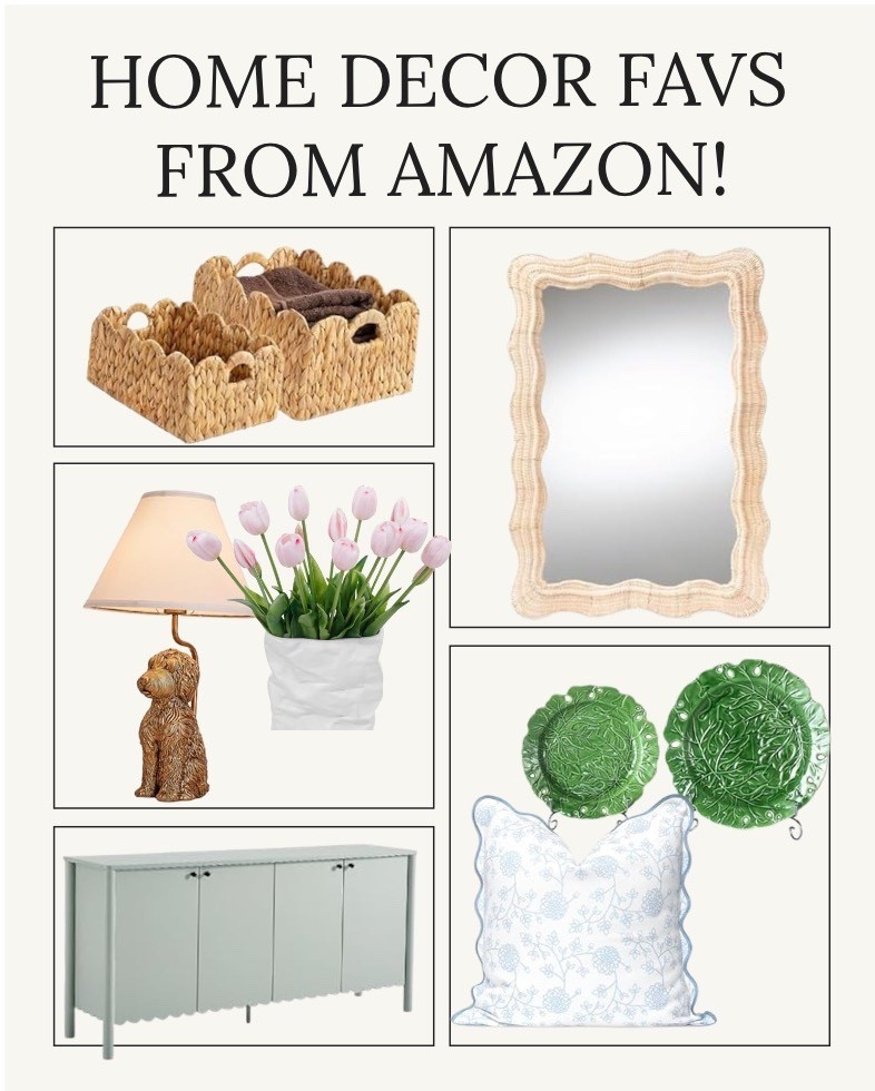 Home Decor finds from Amazon, coastal decor, blue and green home decor, rattan mirror, lettuce plates, wicker baskets, tulips, dog lamp, blue sideboard, blue pillow

#LTKHome