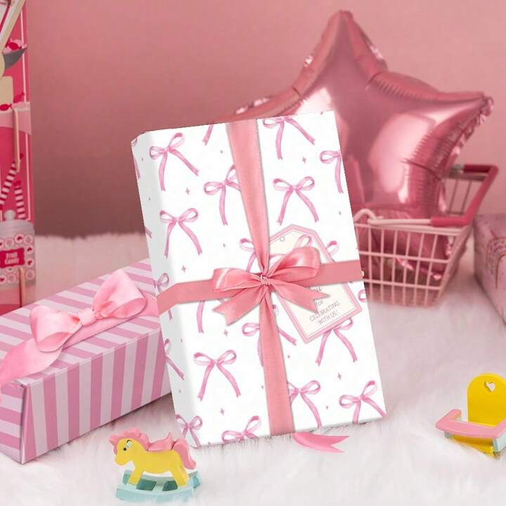 Pink Bow Wrapping Paper - Watercolor Bowknot Gift Wrap Paper Folded Flat For DIY Crafts Wedding B... | SHEIN