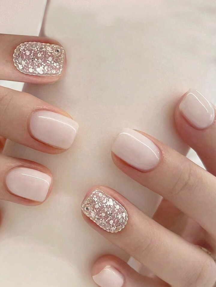 24pcs Short Square Shaped Minimalist Style Printed Fake Nails With 1pc Nail File And 1pc Jelly Ge... | SHEIN