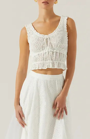 ASTR the Label Kissel Eyelet Embroidered Shirred Crop Tank in White at Nordstrom Rack, Size Medium | Nordstrom Rack