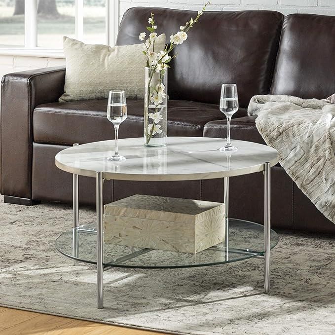 Walker Edison Blaine Mid Century Modern Marble and Glass Round Coffee Table, 32 Inch, Marble and ... | Amazon (US)