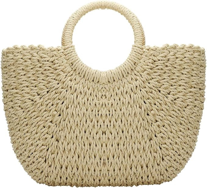 YYW Straw Bags for Women,Hand-woven Straw Large Bag Round Handle Ring Tote Retro Summer Beach Rat... | Amazon (US)