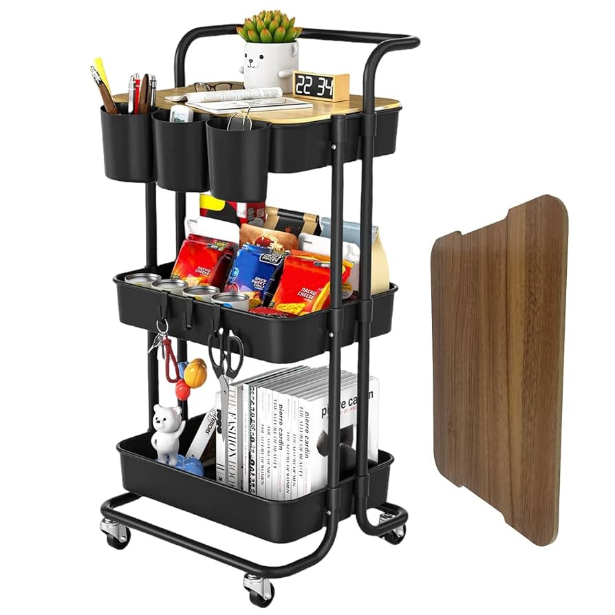 3 Tier Rolling Cart with Metal Handle, Table Top, Hanging Cups, Hooks, Plastic Storage Baskets& W... | Amazon (US)
