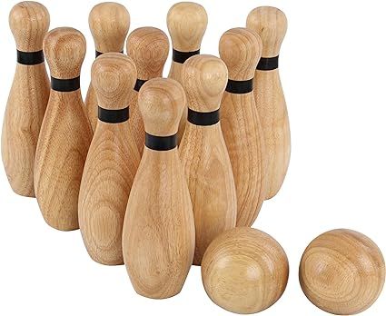 Get Out! Wooden Bowling Set - 12pc Lawn Bowling and Skittle Ball Games for Children and Adult Fun | Amazon (US)