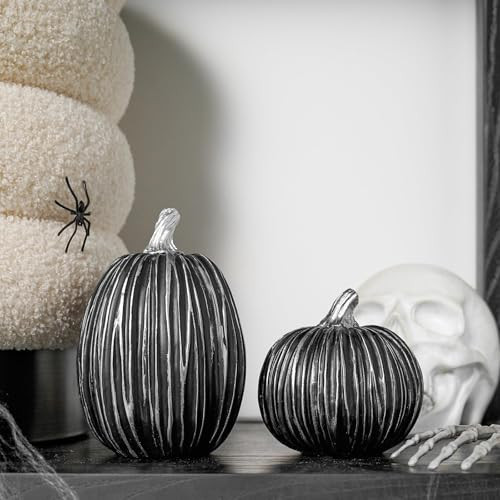 DN DECONATION Pumpkin Decorations for Fall and Halloween Indoor Home Decor, Black and Silver Faux Pumpkins–Fall Halloween Table Centerpiece, 2-Pack Resin Pumpkin for Thanksgiving Modern Farmhouse | Amazon (US)