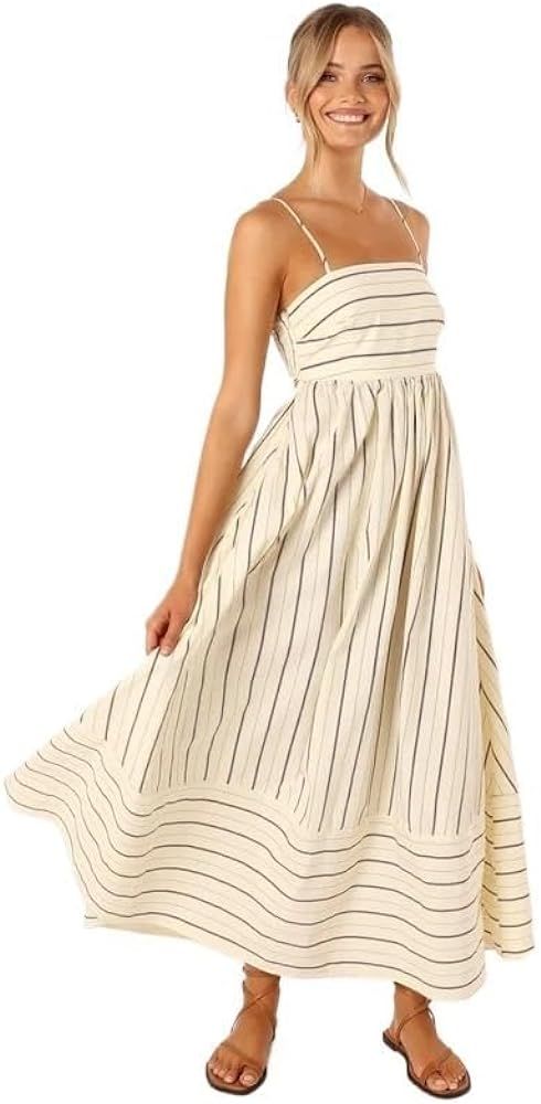 Striped Sleeveless Suspender with Open Back Large Hem Casual Dress Large Hem Extended Dress | Amazon (US)