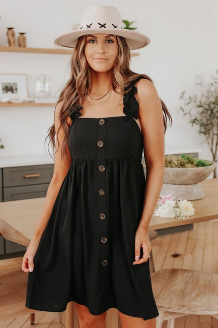Ruffle Strap Button Detail Black Dress | Magnolia Boutique