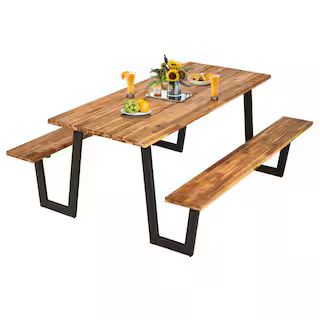 Costway Natural Wood Outdoor Picnic Table Bench Set Outdoor Dining Table Set with 2 in. Umbrella ... | The Home Depot