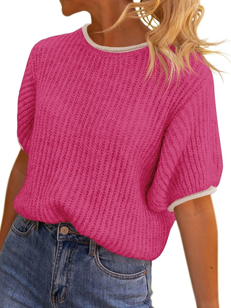 Saodimallsu Womens Puff Short Sleeve Sweater Tops Spring Summer Color Block Ribbed Knit Crew Neck... | Amazon (US)