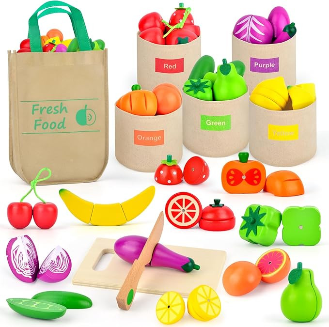 Wooden Play Food Set Color Sorting Toys, Pretend Food for Play Kitchen Accessories Toddler Fruit ... | Amazon (US)