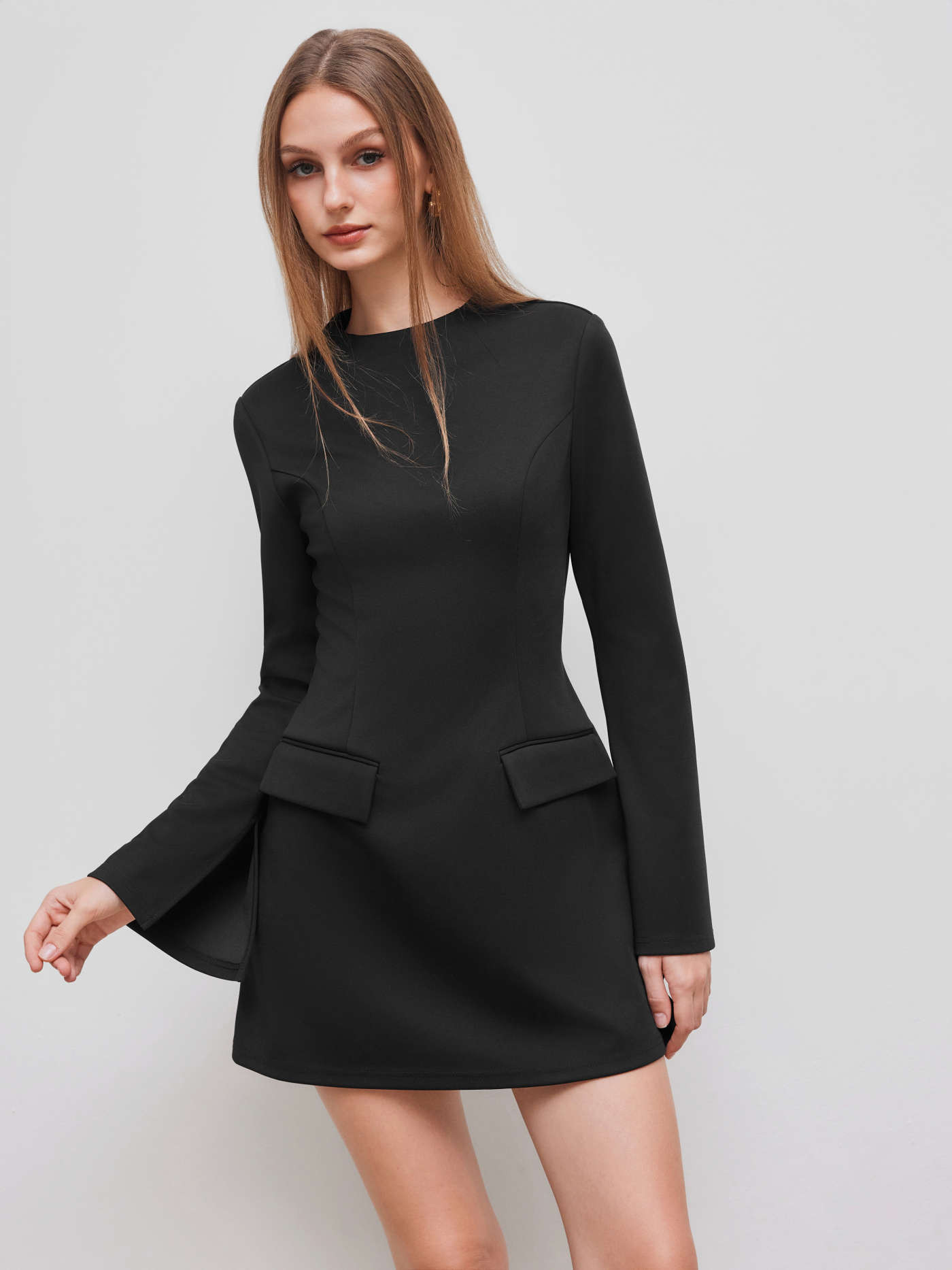 High Neck Solid Long Sleeve Mini Dress | Cider