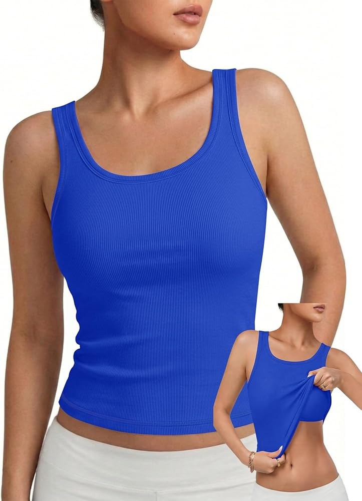 LOMON Womens Tank Tops Ribbed Sleeveless Padded Scoop Neck Workout Top Summer Going Out Fitted Ba... | Amazon (US)
