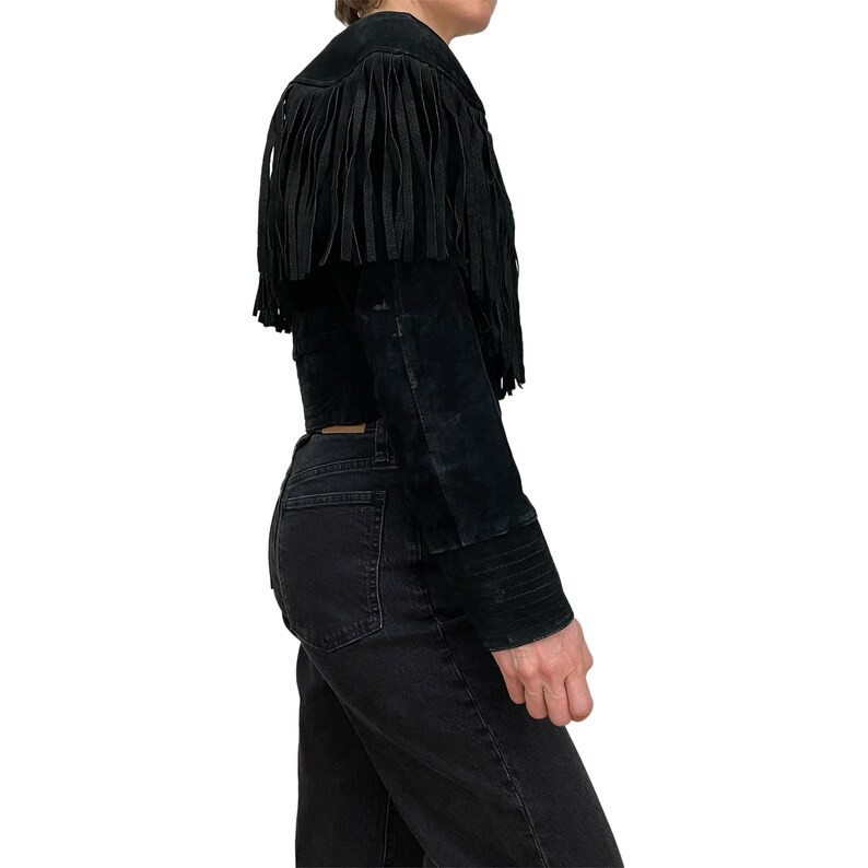 Vintage Cropped Black Suede Jacket Leather Fringe Boho - Etsy | Etsy (US)
