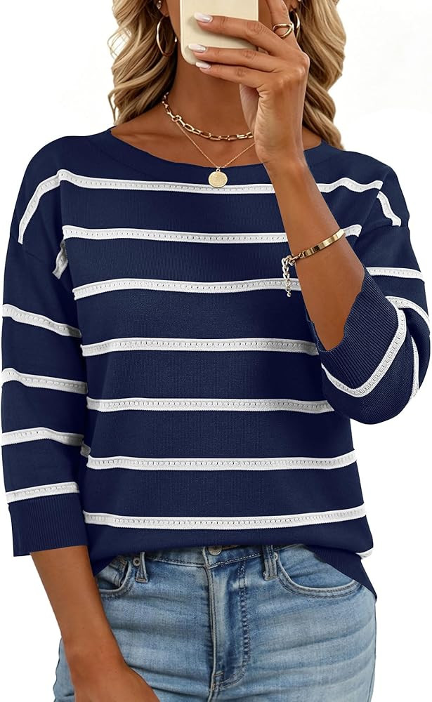 LOMON Womens Sweaters Casual Boat Neck 3/4 Sleeve Lightweight Knit Trendy Pullover Sweater Summer... | Amazon (US)