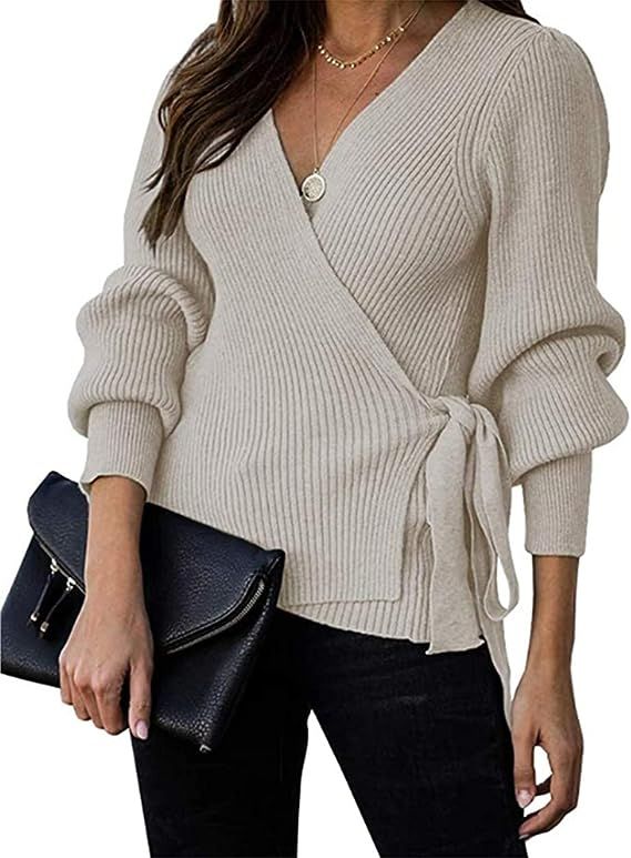 KIRUNDO Women’s 2021 Fall Winter Sexy V Neck Oversized Sweater Balloon Sleeve Ribbed Wrap Chunk... | Amazon (US)