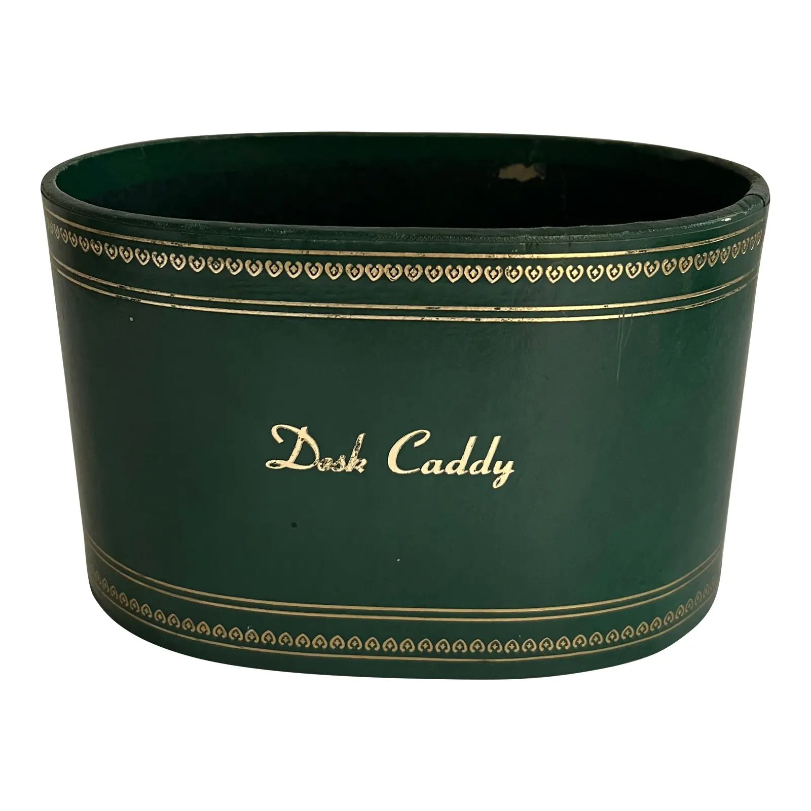 Vintage Green Leather With Gold Accent Desk Caddy | Chairish