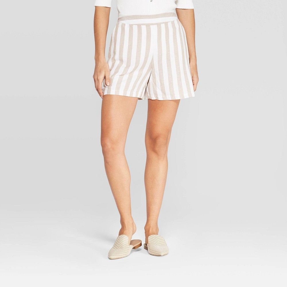 Women's Striped High-Rise Linen Shorts - A New Day Cream L, Ivory | Target