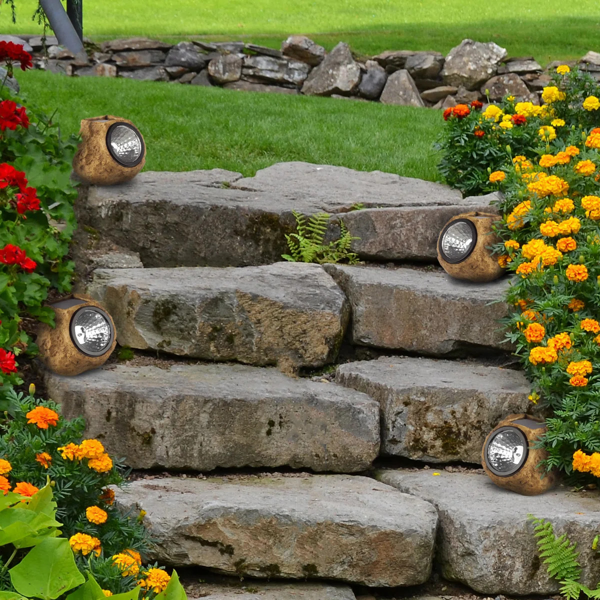 Pure Garden Solar Outdoor Lights - 4-Pack of All-Weather Faux-Stone LED Rock Lights for Paths, Ga... | Wayfair North America