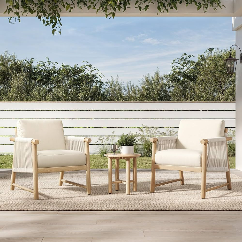 CHITA 3 Pieces Boho Patio Rattan Bistro Set, Outdoor Wicker Chairs & Side Table Set with Acacia W... | Amazon (US)