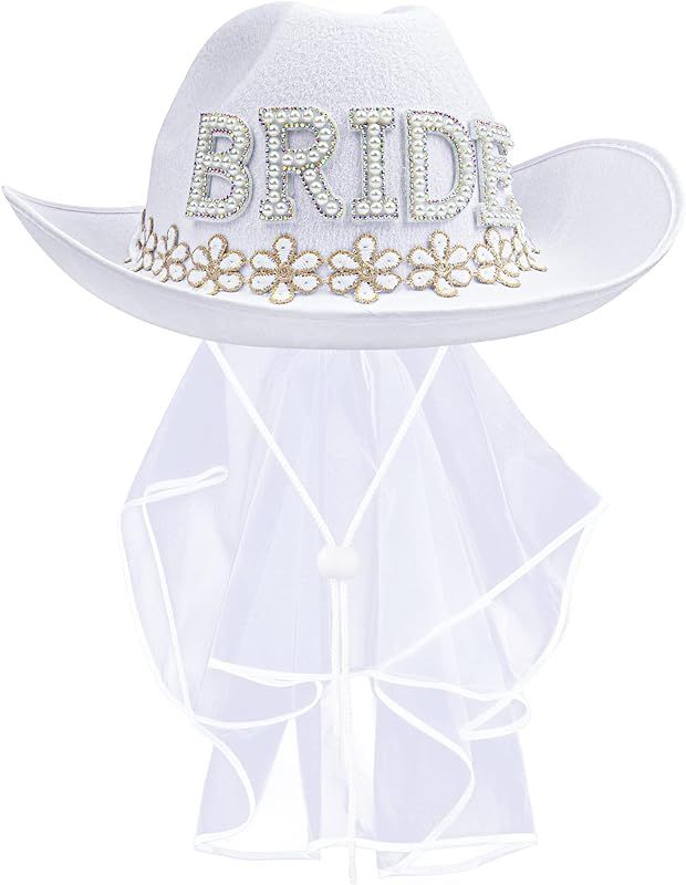 MGupzao Bridal Cowboy Hat with Flowers Bachelorette Party,White Cowgirl Hat Wedding Bridal Shower... | Amazon (US)