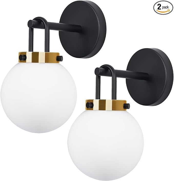 Modern Wall Sconces Set of Two, Black Gold Wall lighting, Bathroom Vanity Light with White Globe ... | Amazon (US)