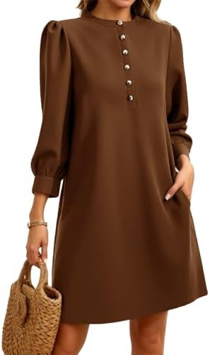 Wenrine Womens 3/4 Puff Sleeve Mini Dress Button Crewneck Elegant Casual Business Shift Dresses 2... | Amazon (US)