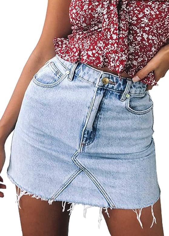 Jean Skirt Women's High Waisted Fringed Slim Fit Elastic Bodycon Mini Denim Skirt | Amazon (US)