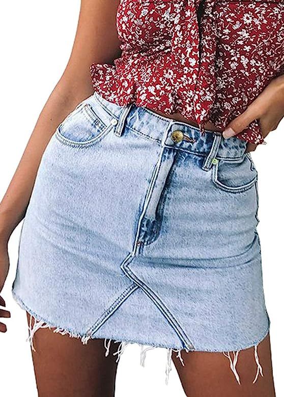 Jean Skirt Women's High Waisted Fringed Slim Fit Elastic Bodycon Mini Denim Skirt | Amazon (US)