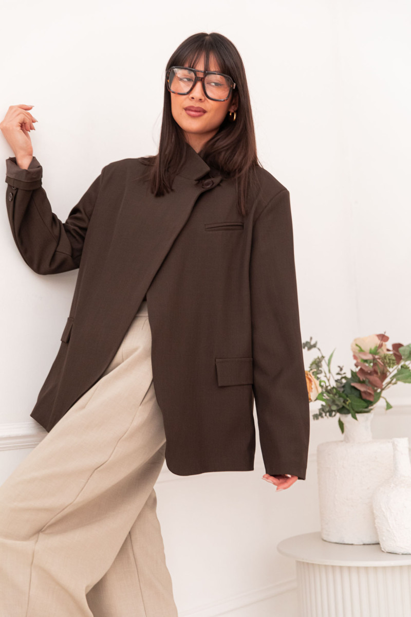 Blazer croisé chocolat col montant - Pretty Wire | Pretty Wire