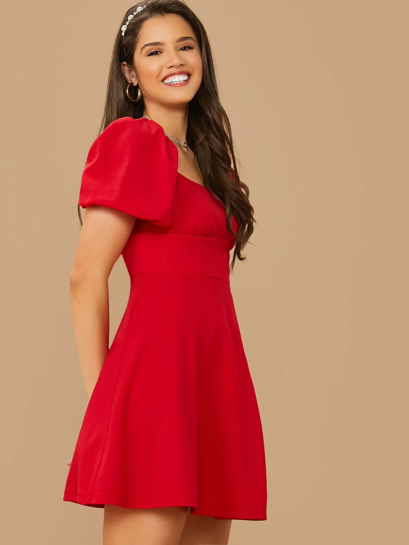 SHEIN Square Neck Tie Back Puff Sleeve Dress | SHEIN