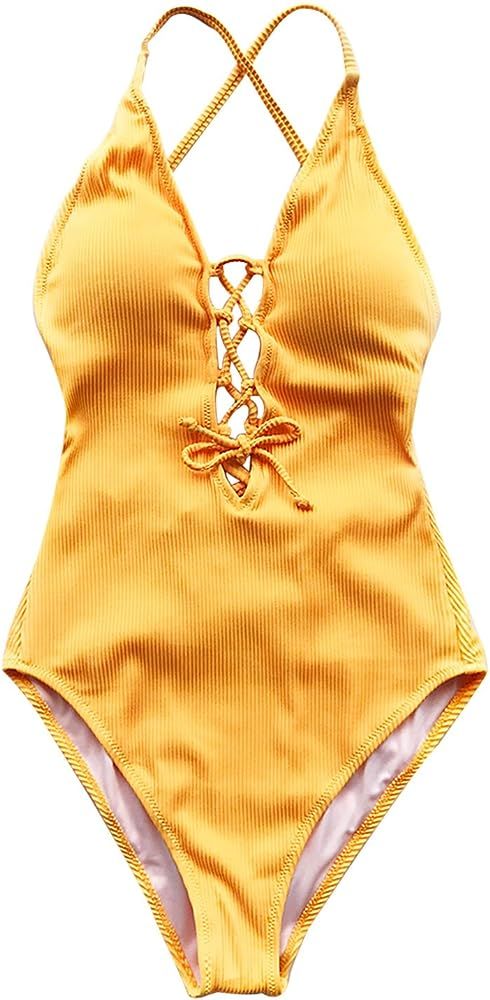 CUPSHE Women's Solid Color V Neck Lace Up One Piece Swimsuit | Amazon (US)