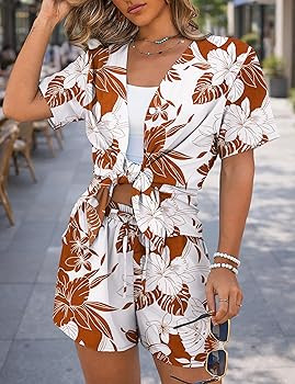 REDHOTYPE Womens 2 Piece Outfits Lightweight Button Down Top Casual Shorts Printed Summer Vacatio... | Amazon (US)