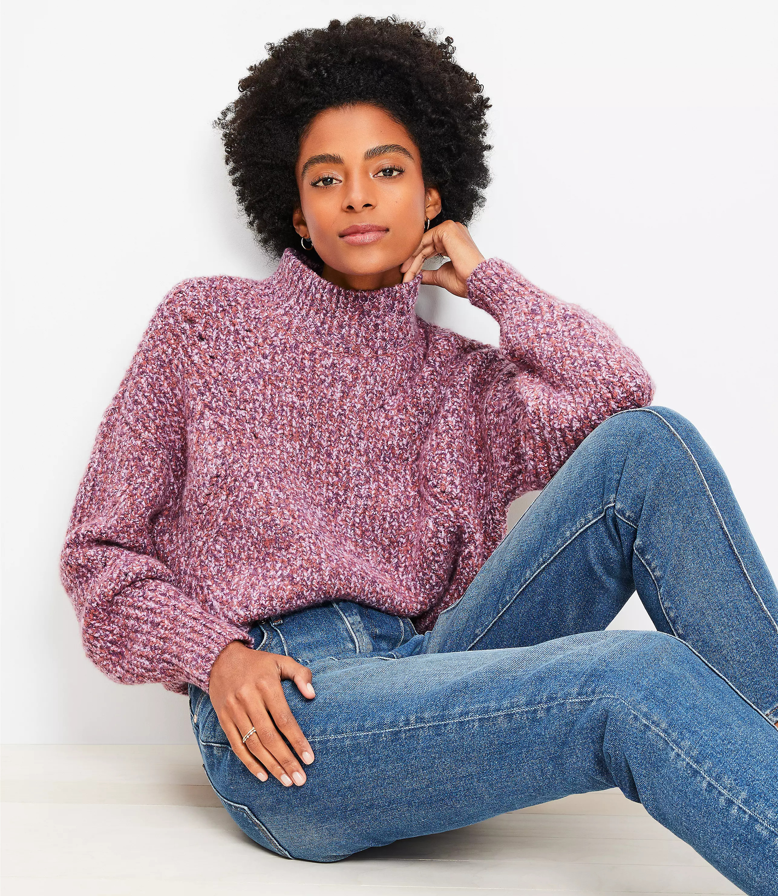 Pointelle Mixed Ribbed Mock Neck Sweater | LOFT