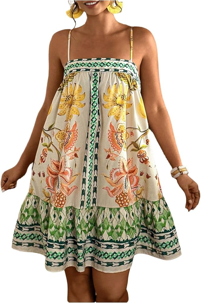 Floerns Women's Plus Size Boho Floral Print Cami Dress Backless Sleeveless Ruffle Mini Dresses | Amazon (US)