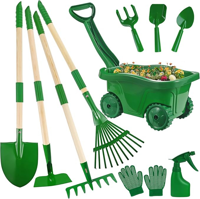 Duckura Kids Gardening Tools Set - 10pcs Wheelbarrow Set for Kids with Shovel, Rake, Leaf Rake, S... | Amazon (US)