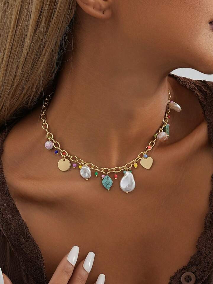 1pc Summer Beach Style Creative Random Colored Rice Bead, Turquoise, Shell Pendant Geometric Necklace | SHEIN