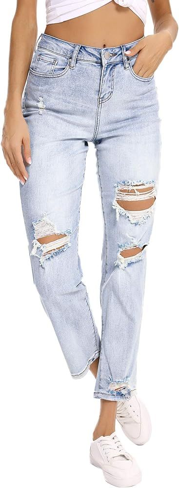 Women's Ripped Boyfriend Jeans Stretch Distressed Jeans Straight Crop Jean with Holes | Amazon (US)
