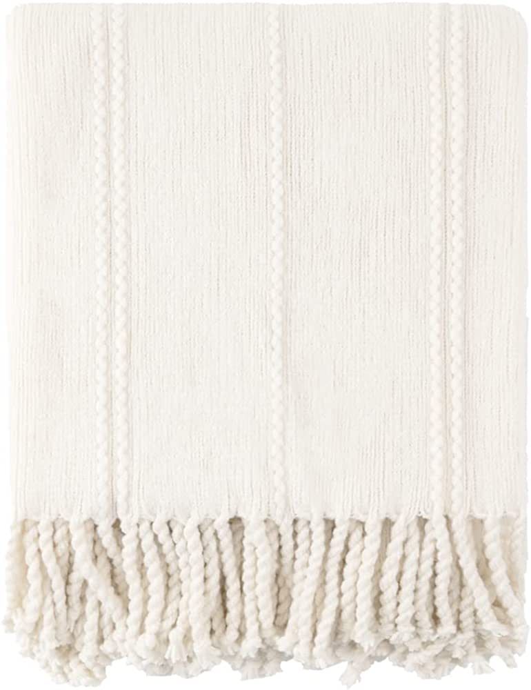 BATTILO HOME White Throw Blanket for Couch, Knitted Cream Throw Blankets for Bed, Decorative Wove... | Amazon (US)