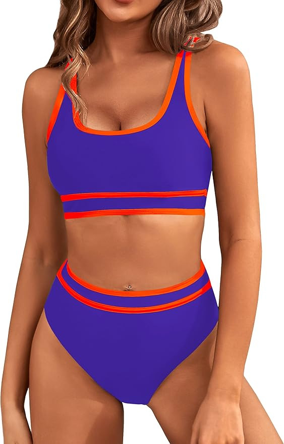 BMJL Women's High Waisted Bikini Sets Sporty Two Piece Swimsuit Color Block Cheeky High Cut Bathi... | Amazon (US)