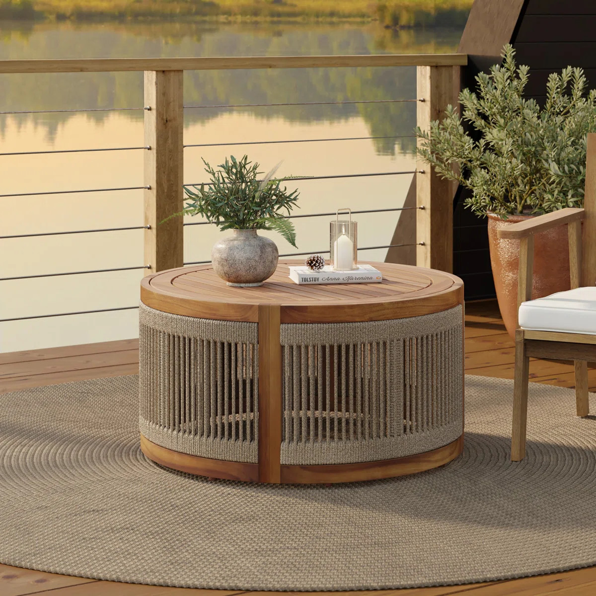 Outdoor Acacia Wood Rope Sides Round Drum Coffee Table | Wayfair North America