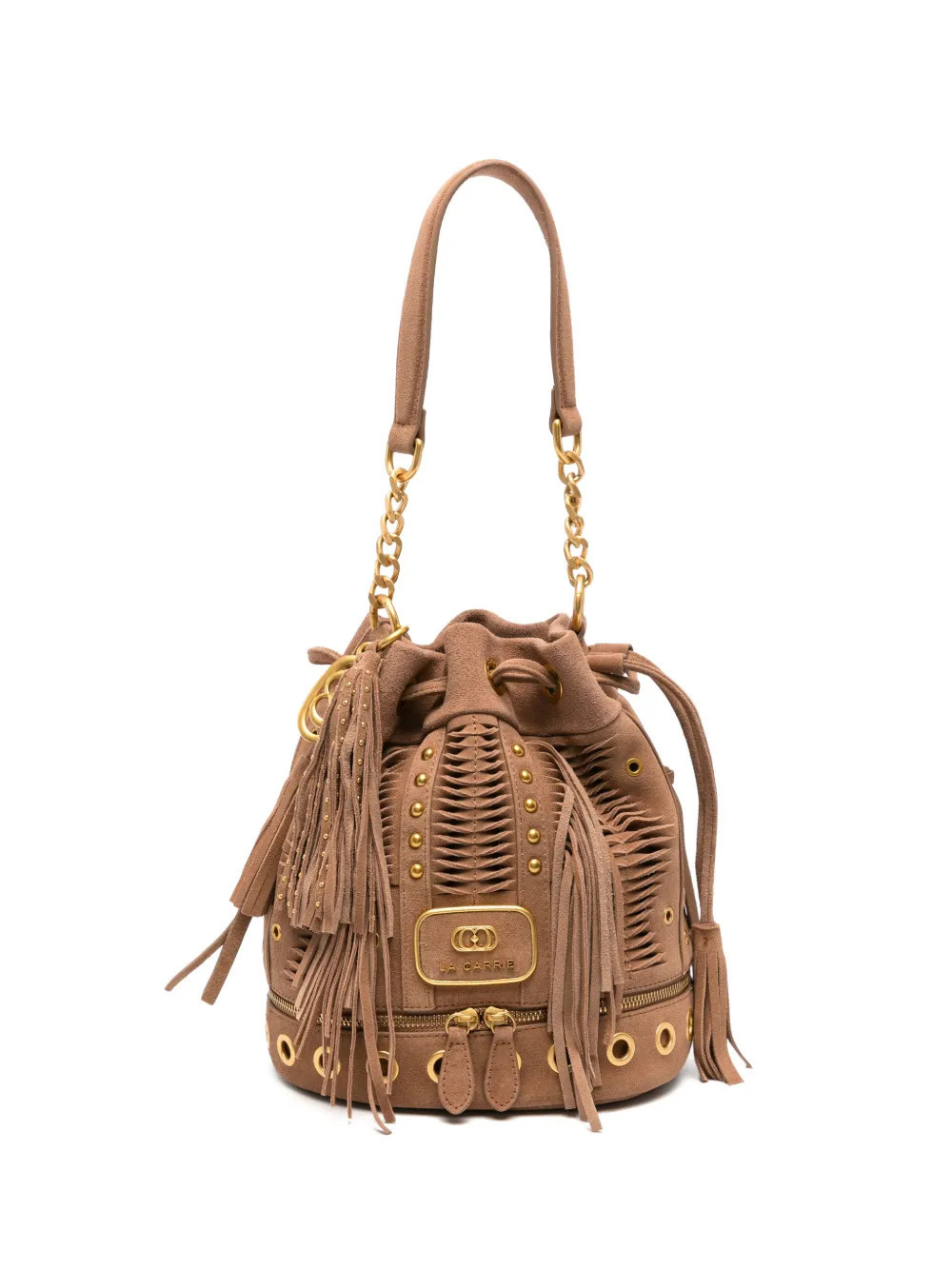 La Carrie Apallosa fringed stud-embellished bucket bag - Brown | Farfetch Global