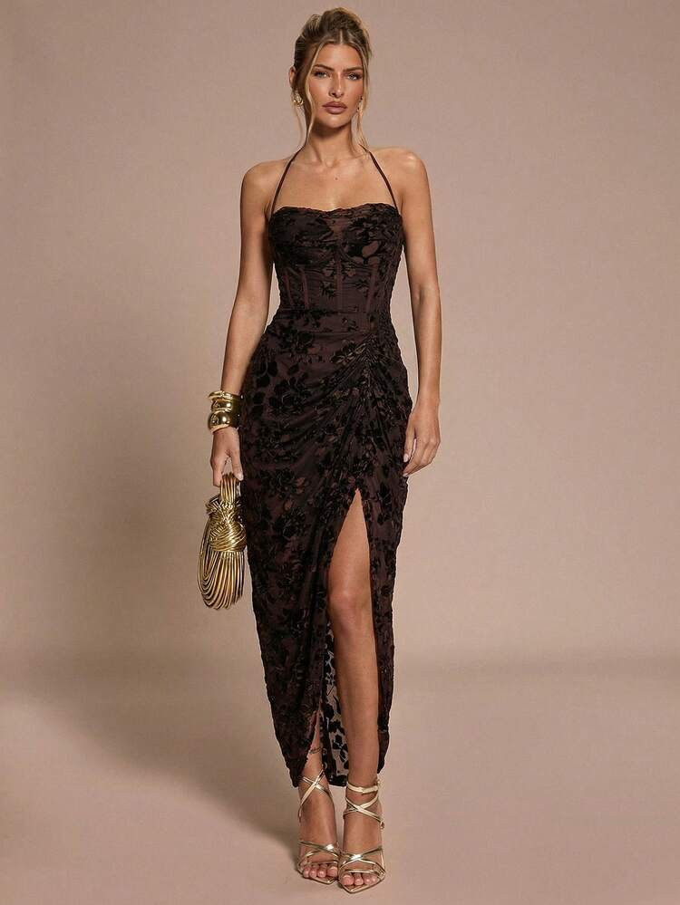 SHEIN BAE Autumn/Winter Women's Wine Red Jacquard Halter Neck Bustier Split Dress, Black Mini Dress, Party Formal Gown, Suitable For Party, Formal Occasions, Cocktail Events, Holidays, Halloween, Christmas Black Lace Dresses | SHEIN